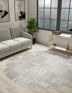 Ivory 7' 10 x 7' 10 Hanahan Round Area Rug 100% Polypropylene With Jute Backing Abstract Geometric Modern Carpet for Living, Dining Room, Office Space for Sale at Rug Engine