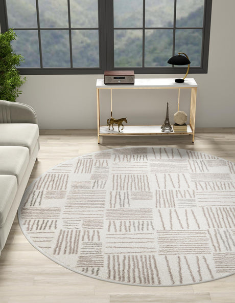 Ivory 7' 10 x 7' 10 Hanahan Round Area Rug 100% Polypropylene With Jute Backing Abstract Geometric Modern Carpet for Living, Dining Room, Office Space for Sale at Rug Engine