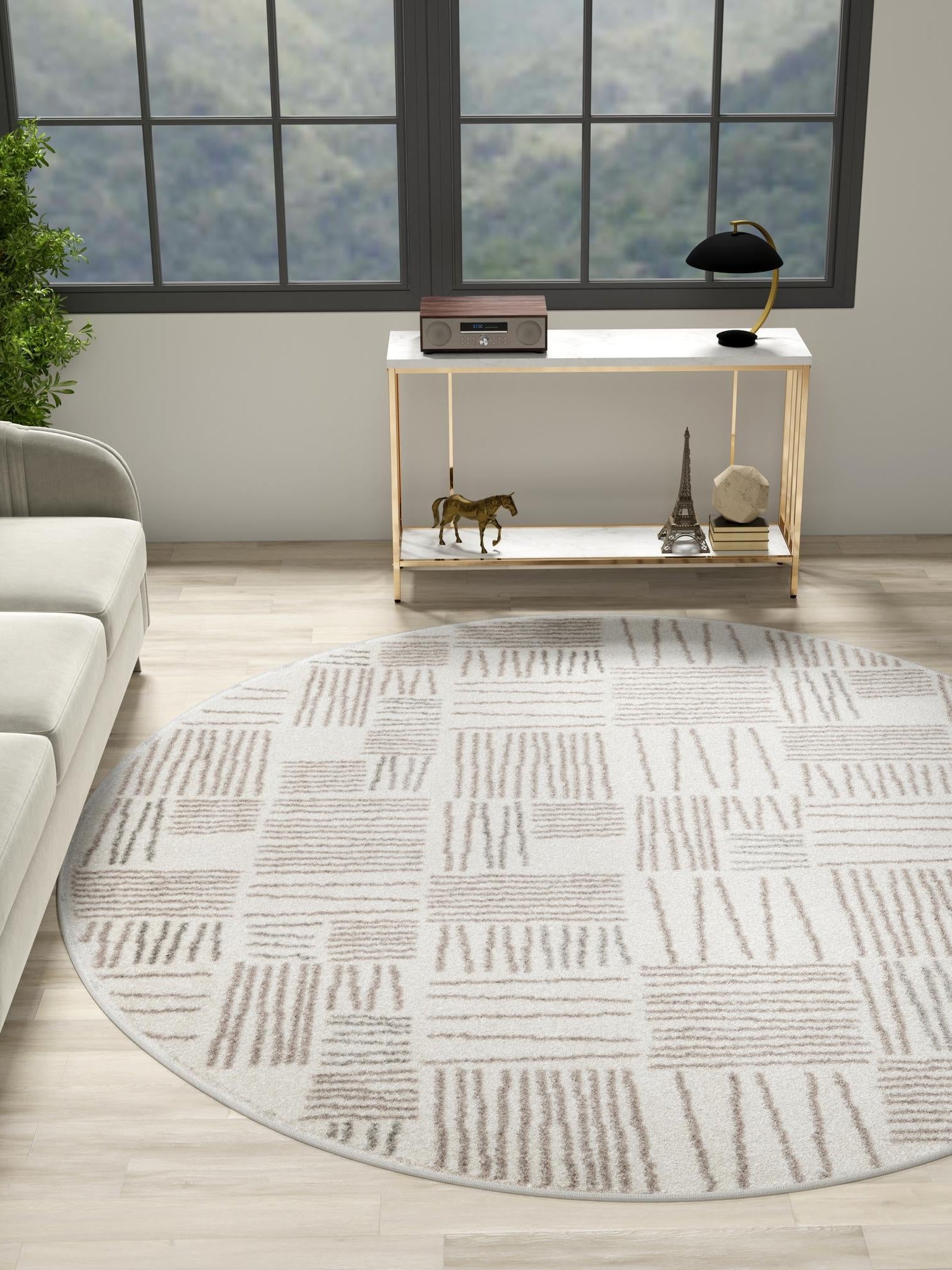 Ivory 5' 3 x 5' 3 Hanahan Round Area Rug 100% Polypropylene With Jute Backing Abstract Geometric Modern Carpet for Living, Dining Room, Office Space for Sale at Rug Engine
