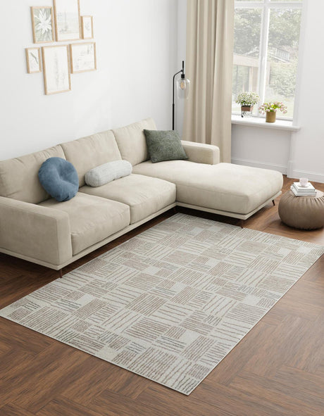 Ivory 6' 1 x 9' Hanahan Rectangle Area Rug 100% Polypropylene With Jute Backing Abstract Geometric Modern Carpet for Living, Dining Room, Office Space for Sale at Rug Engine