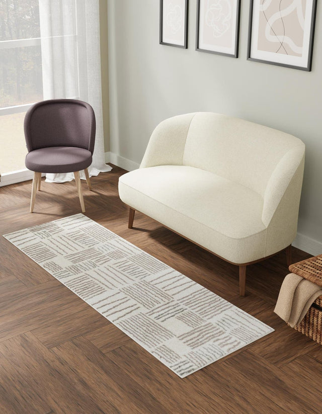 Ivory 2' x 8' Hanahan Runner Area Rug 100% Polypropylene With Jute Backing Abstract Geometric Modern Carpet for Living, Dining Room, Office Space for Sale at Rug Engine