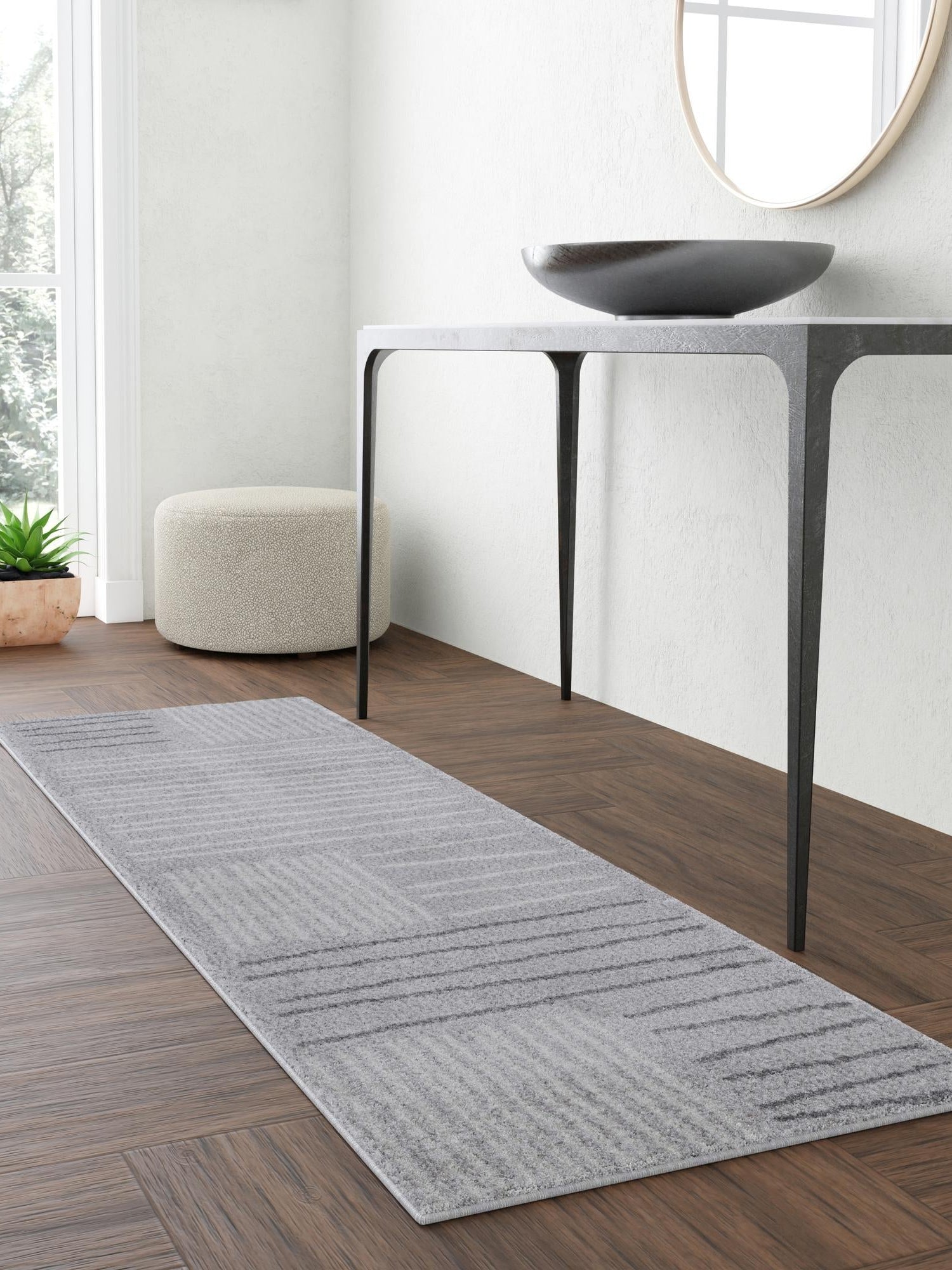 Gray 2' x 6' 1 Hanahan Runner Area Rug 100% Polypropylene With Jute Backing Abstract Geometric Modern Carpet for Living, Dining Room, Office Space for Sale at Rug Engine