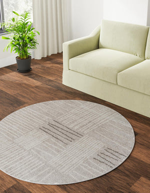 Gray 3' 1 x 3' 1 Hanahan Round Area Rug 100% Polypropylene With Jute Backing Abstract Geometric Modern Carpet for Living, Dining Room, Office Space for Sale at Rug Engine
