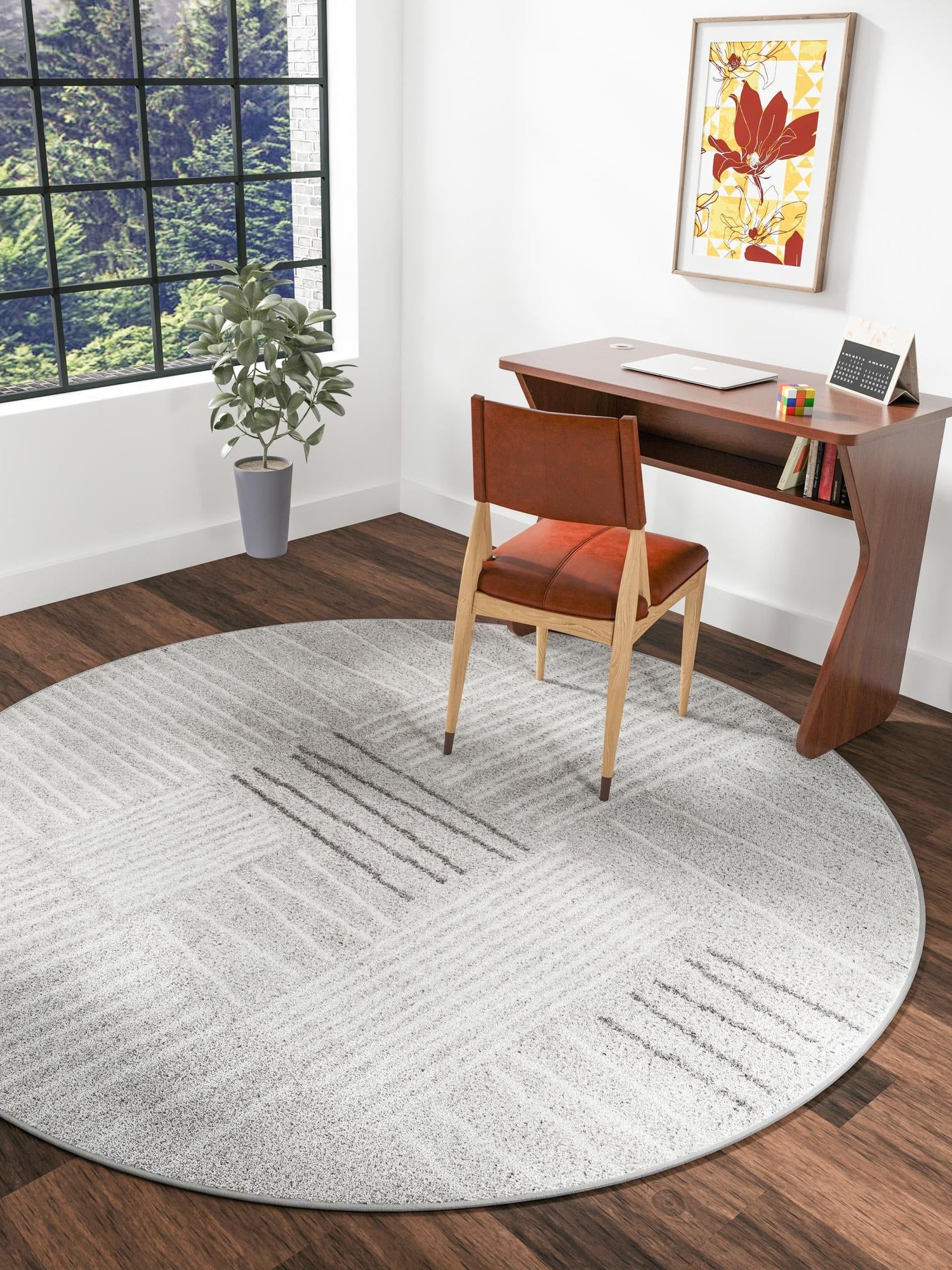 Gray 5' 3 x 5' 3 Hanahan Round Area Rug 100% Polypropylene With Jute Backing Abstract Geometric Modern Carpet for Living, Dining Room, Office Space for Sale at Rug Engine