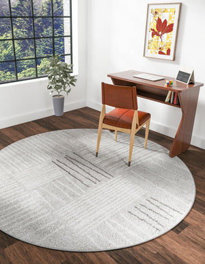 Gray 5' 3 x 5' 3 Hanahan Round Area Rug 100% Polypropylene With Jute Backing Abstract Geometric Modern Carpet for Living, Dining Room, Office Space for Sale at Rug Engine