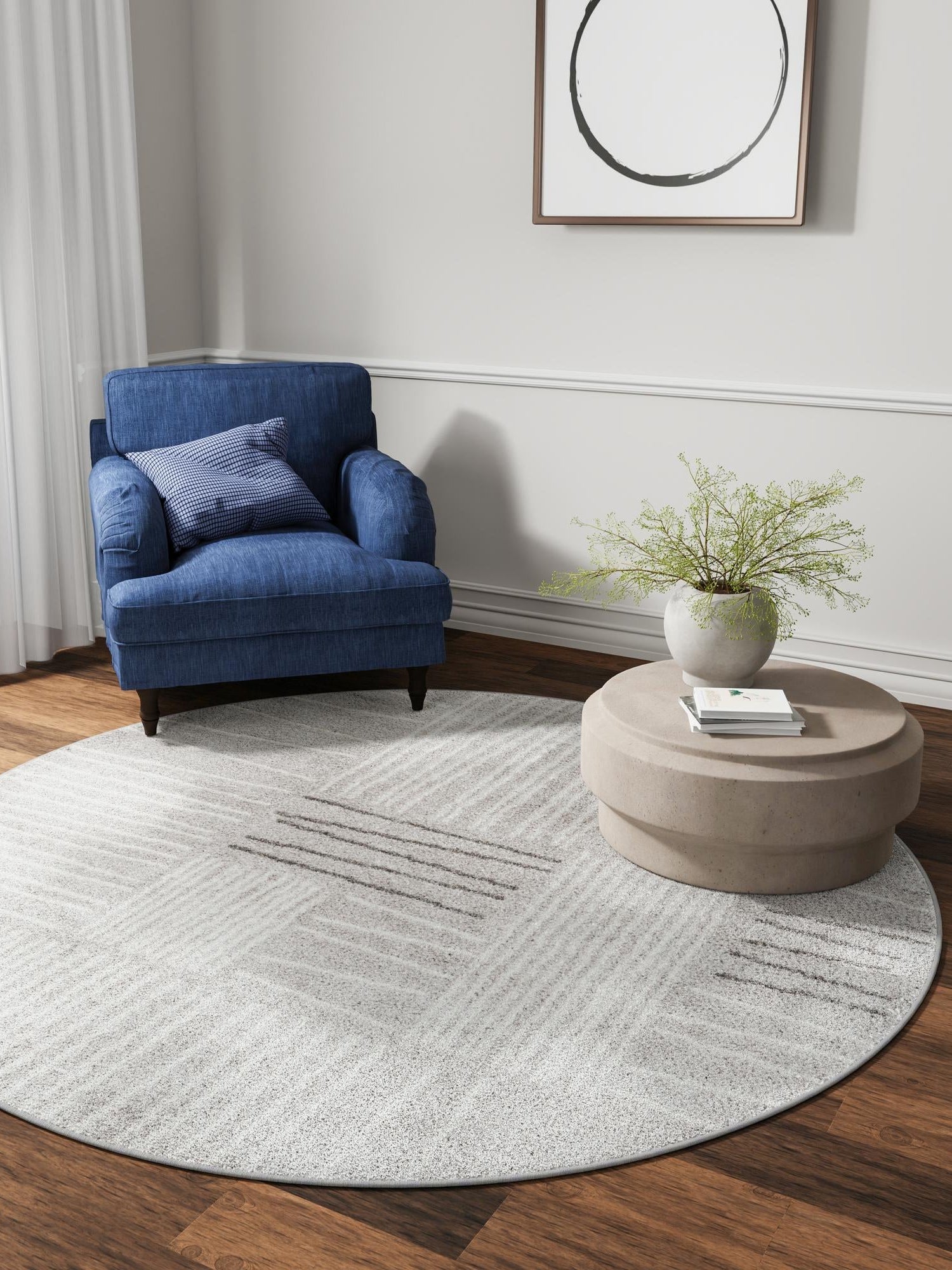 Gray 5' 3 x 5' 3 Hanahan Round Area Rug 100% Polypropylene With Jute Backing Abstract Geometric Modern Carpet for Living, Dining Room, Office Space for Sale at Rug Engine