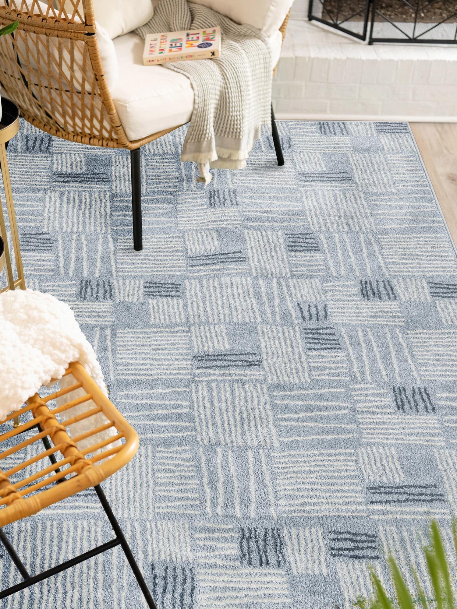 Light Blue 5' 3 x 7' 1 Hanahan Rectangle Area Rug 100% Polypropylene With Jute Backing Abstract Geometric Modern Carpet for Living, Dining Room, Office Space for Sale at Rug Engine