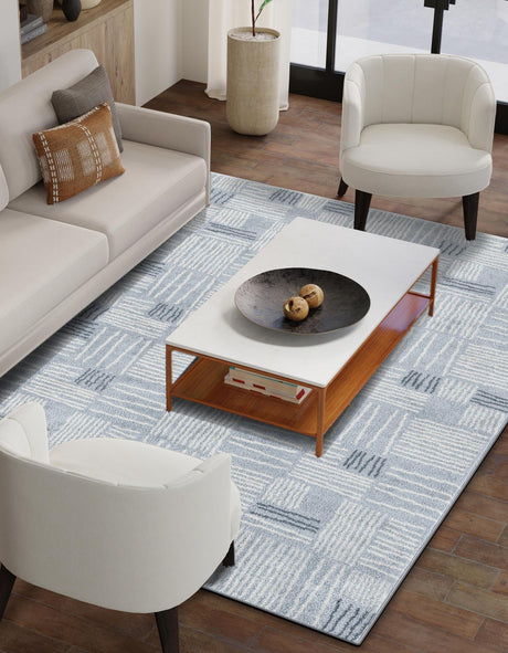 Light Blue 9' x 12' Hanahan Rectangle Area Rug 100% Polypropylene With Jute Backing Abstract Geometric Modern Carpet for Living, Dining Room, Office Space for Sale at Rug Engine