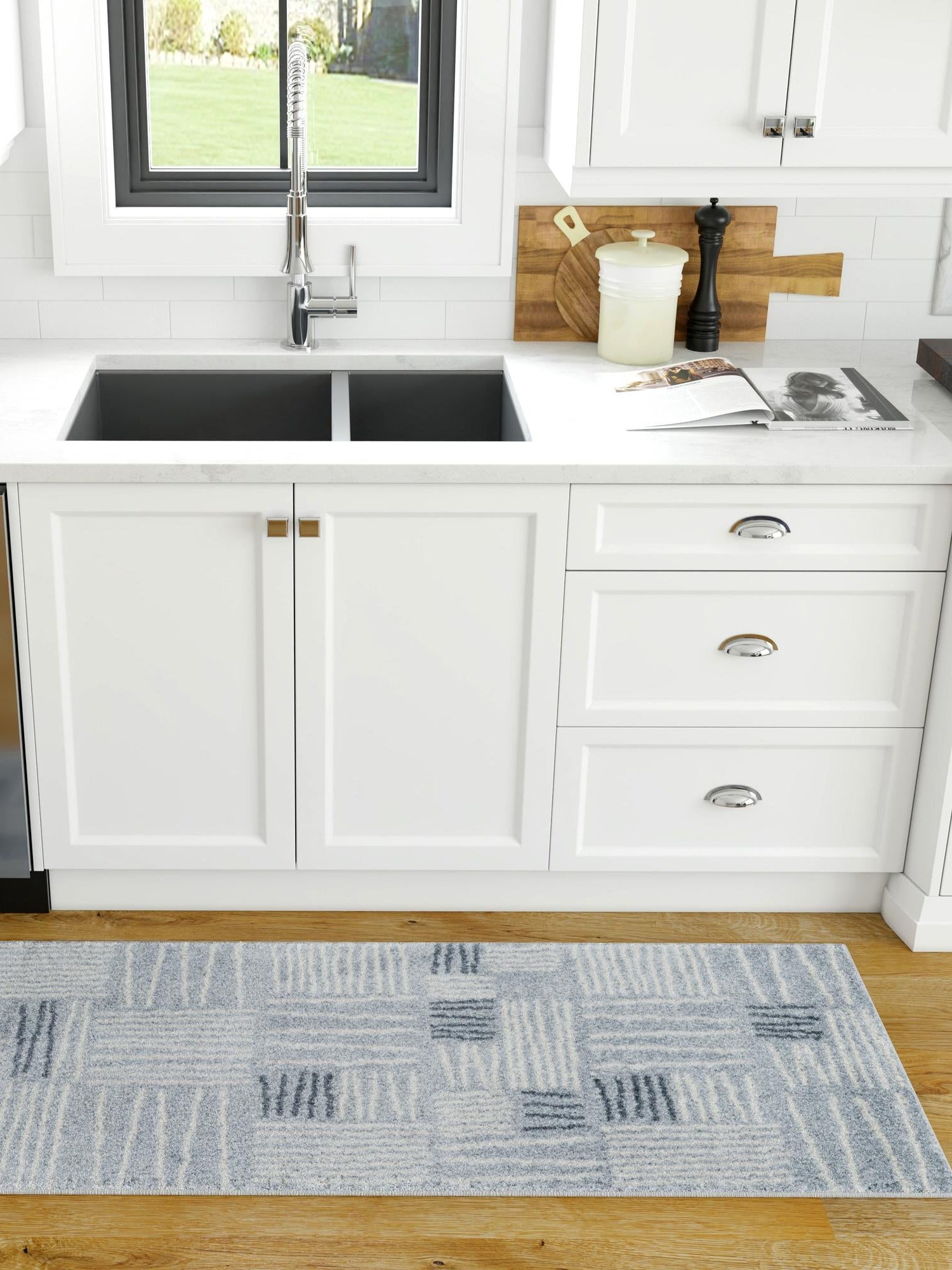 Light Blue 2' 7 x 12' Hanahan Runner Area Rug 100% Polypropylene With Jute Backing Abstract Geometric Modern Carpet for Living, Dining Room, Office Space for Sale at Rug Engine