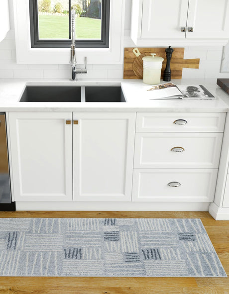 Light Blue 2' 7 x 10' Hanahan Runner Area Rug 100% Polypropylene With Jute Backing Abstract Geometric Modern Carpet for Living, Dining Room, Office Space for Sale at Rug Engine