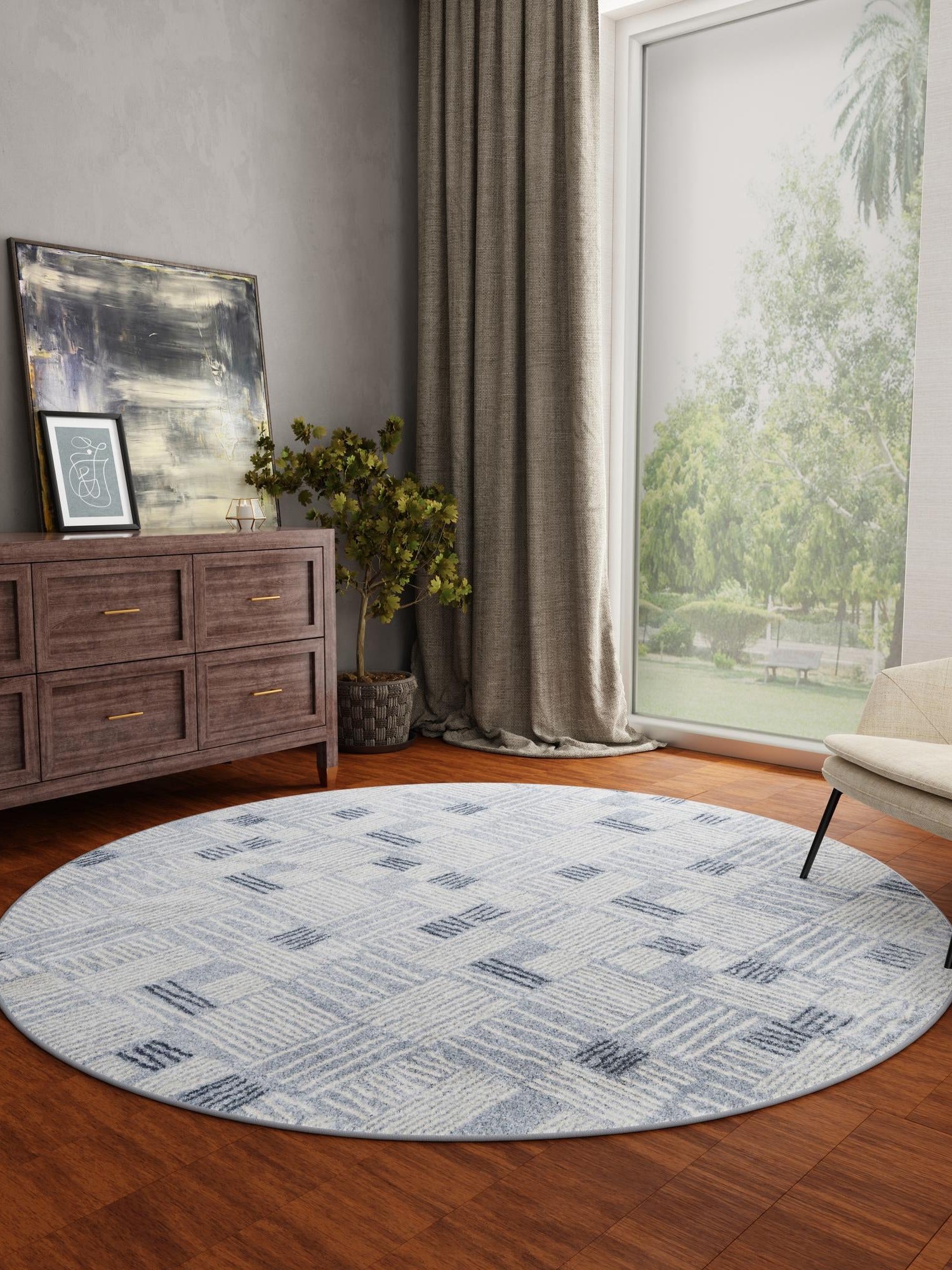 Light Blue 3' 1 x 3' 1 Hanahan Round Area Rug 100% Polypropylene With Jute Backing Abstract Geometric Modern Carpet for Living, Dining Room, Office Space for Sale at Rug Engine