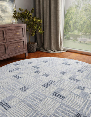 Light Blue 5' 3 x 5' 3 Hanahan Round Area Rug 100% Polypropylene With Jute Backing Abstract Geometric Modern Carpet for Living, Dining Room, Office Space for Sale at Rug Engine