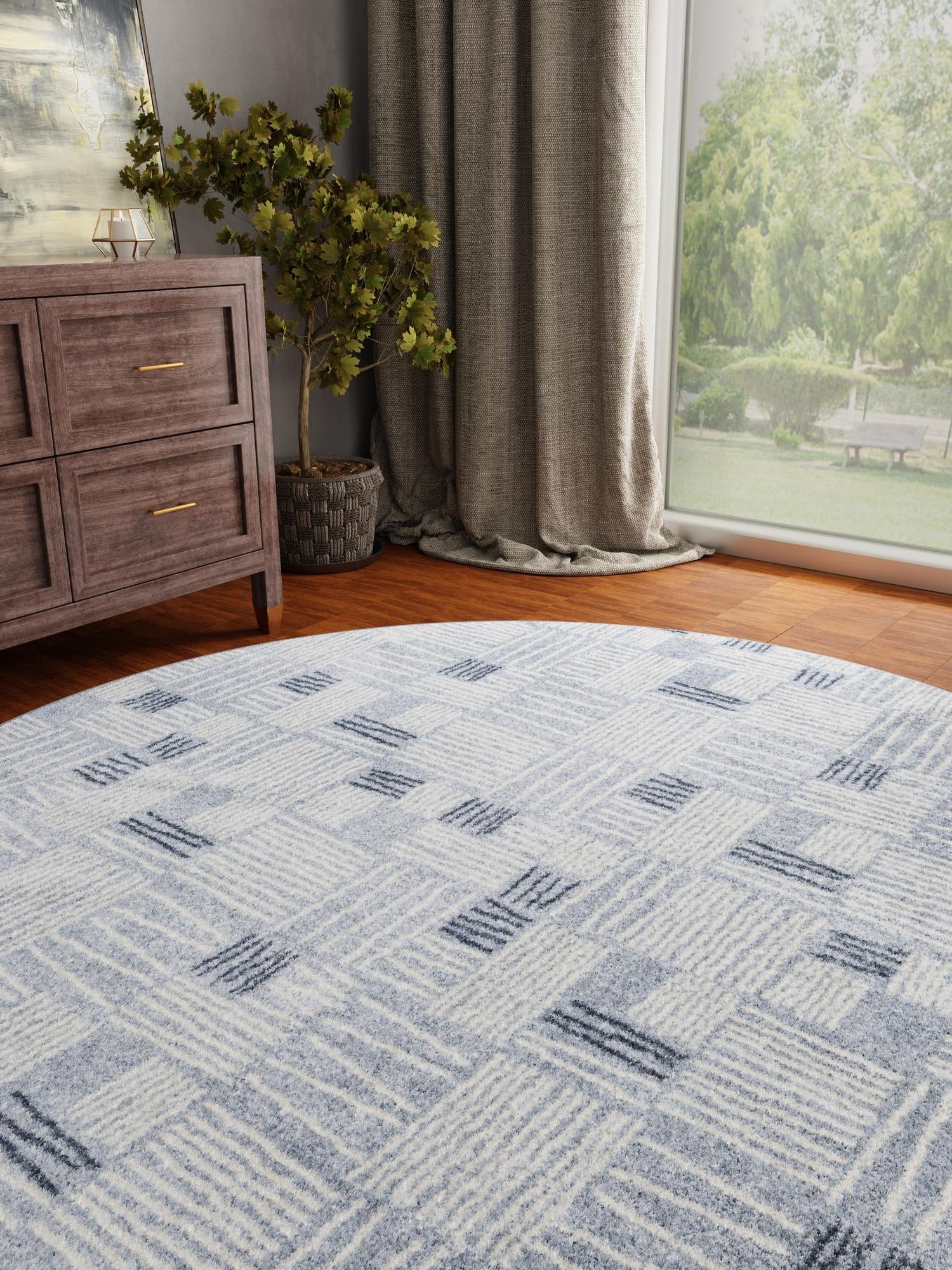Light Blue 7' 10 x 7' 10 Hanahan Round Area Rug 100% Polypropylene With Jute Backing Abstract Geometric Modern Carpet for Living, Dining Room, Office Space for Sale at Rug Engine