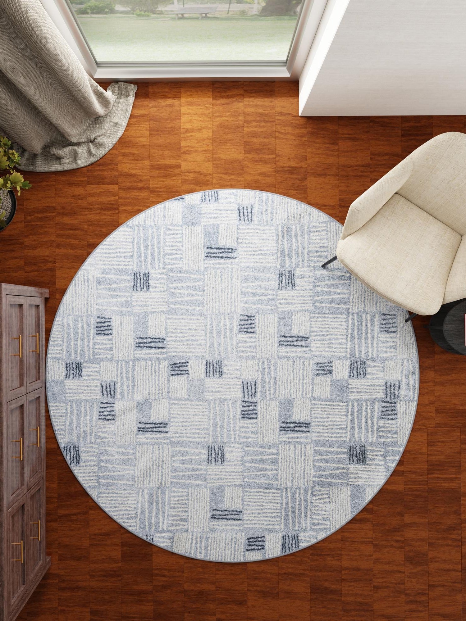 Light Blue 7' 10 x 7' 10 Hanahan Round Area Rug 100% Polypropylene With Jute Backing Abstract Geometric Modern Carpet for Living, Dining Room, Office Space for Sale at Rug Engine