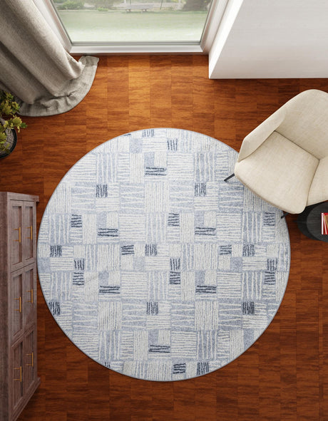 Light Blue 7' 10 x 7' 10 Hanahan Round Area Rug 100% Polypropylene With Jute Backing Abstract Geometric Modern Carpet for Living, Dining Room, Office Space for Sale at Rug Engine