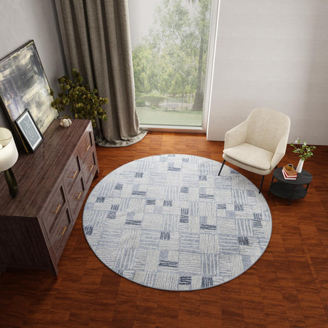 Light Blue 5' 3 x 5' 3 Hanahan Round Area Rug 100% Polypropylene With Jute Backing Abstract Geometric Modern Carpet for Living, Dining Room, Office Space for Sale at Rug Engine