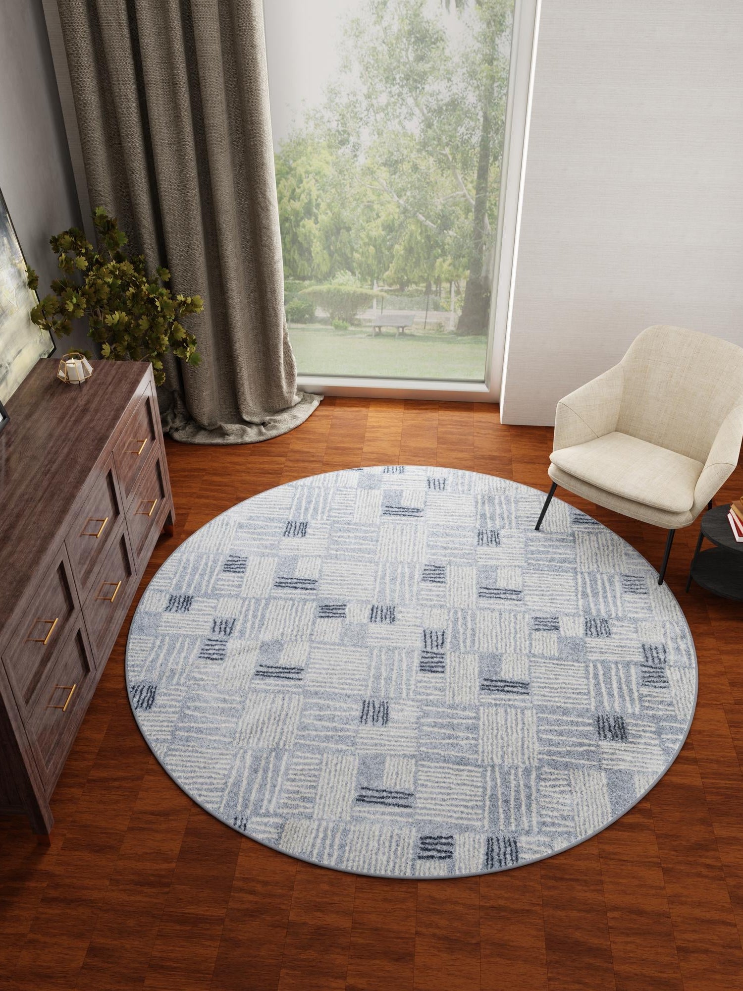 Light Blue 7' 10 x 7' 10 Hanahan Round Area Rug 100% Polypropylene With Jute Backing Abstract Geometric Modern Carpet for Living, Dining Room, Office Space for Sale at Rug Engine