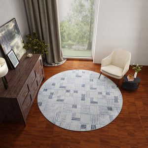 Light Blue 7' 10 x 7' 10 Hanahan Round Area Rug 100% Polypropylene With Jute Backing Abstract Geometric Modern Carpet for Living, Dining Room, Office Space for Sale at Rug Engine