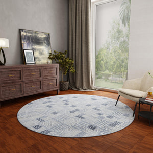 Light Blue 5' 3 x 5' 3 Hanahan Round Area Rug 100% Polypropylene With Jute Backing Abstract Geometric Modern Carpet for Living, Dining Room, Office Space for Sale at Rug Engine