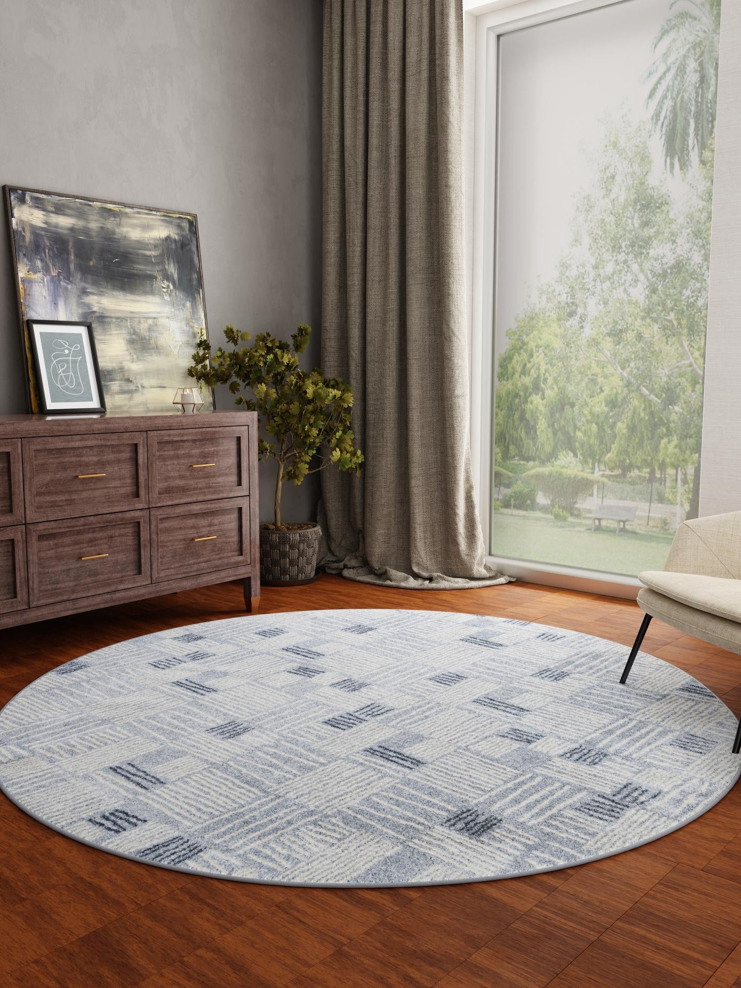 Light Blue 7' 10 x 7' 10 Hanahan Round Area Rug 100% Polypropylene With Jute Backing Abstract Geometric Modern Carpet for Living, Dining Room, Office Space for Sale at Rug Engine
