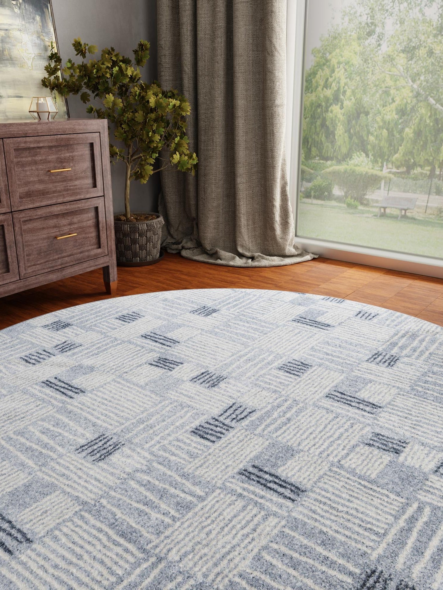 Light Blue 7' 10 x 7' 10 Hanahan Round Area Rug 100% Polypropylene With Jute Backing Abstract Geometric Modern Carpet for Living, Dining Room, Office Space for Sale at Rug Engine
