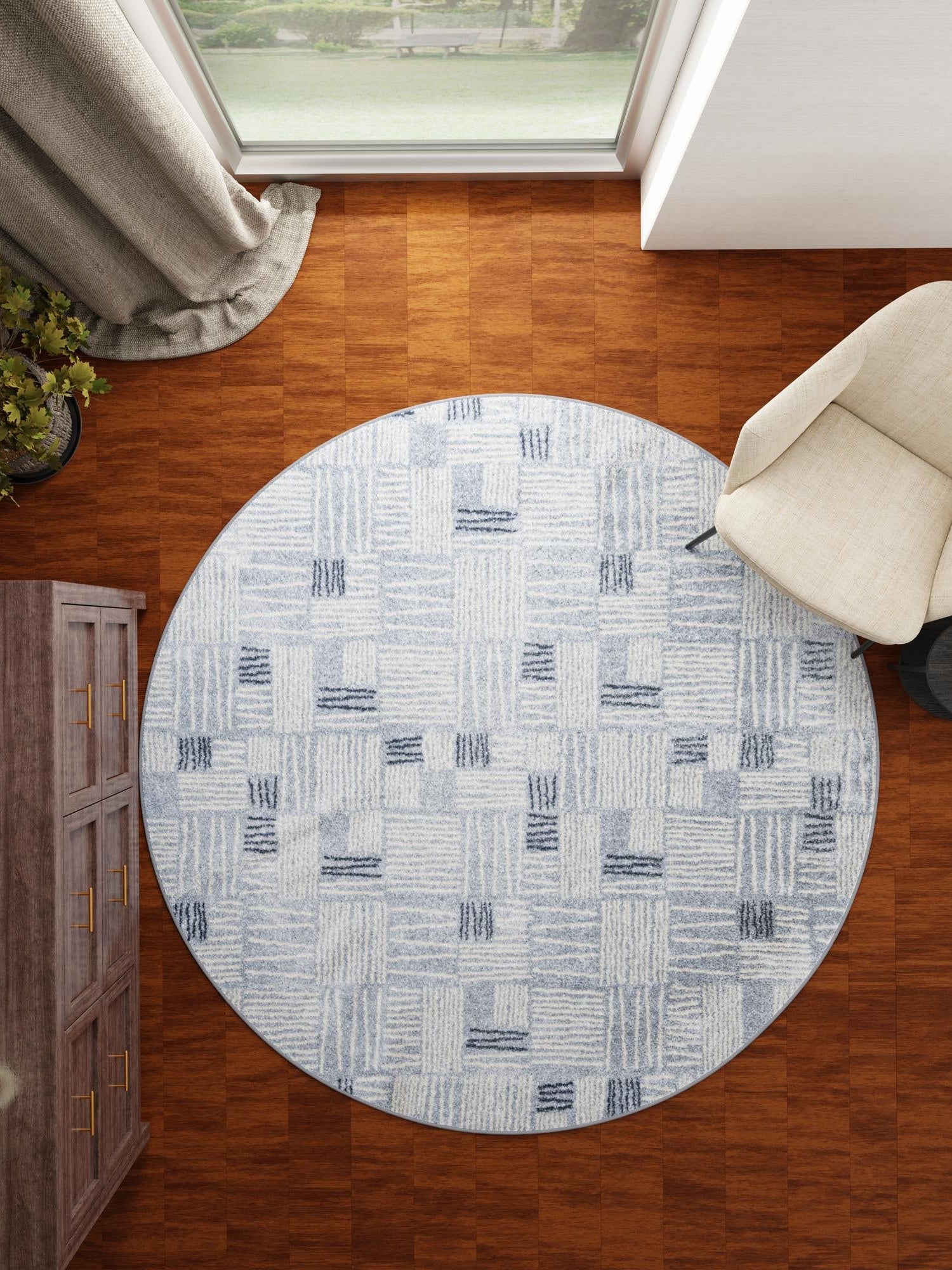 Light Blue 7' 10 x 7' 10 Hanahan Round Area Rug 100% Polypropylene With Jute Backing Abstract Geometric Modern Carpet for Living, Dining Room, Office Space for Sale at Rug Engine
