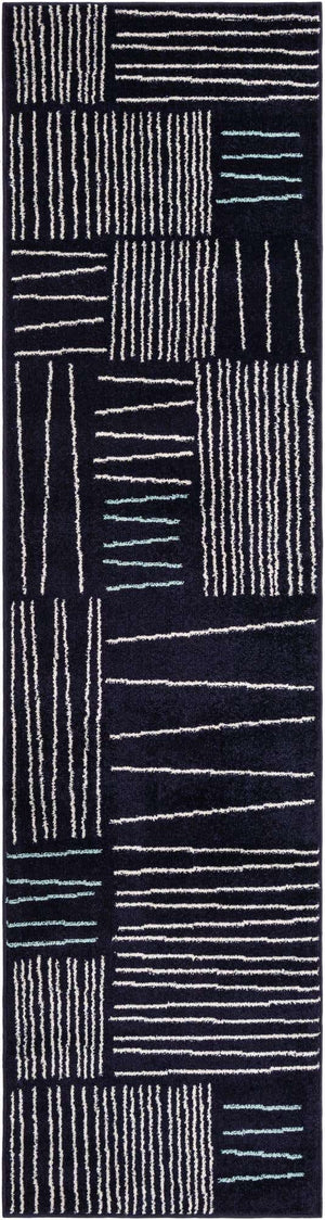 Navy Blue 2' 7 x 10' Hanahan Runner Area Rug 100% Polypropylene With Jute Backing Abstract Geometric Modern Carpet for Living, Dining Room, Office Space for Sale at Rug Engine