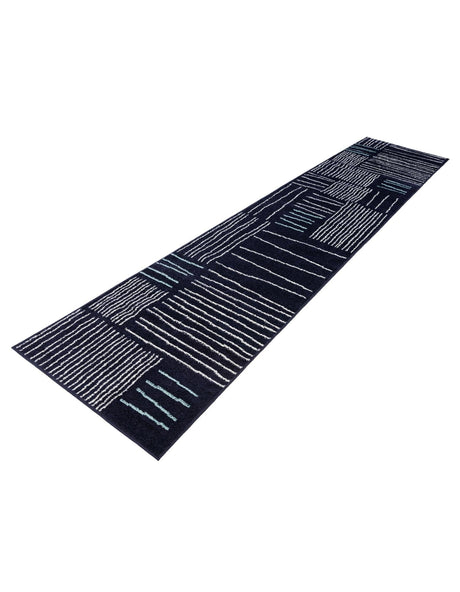 Navy Blue 2' 7 x 12' Hanahan Runner Area Rug 100% Polypropylene With Jute Backing Abstract Geometric Modern Carpet for Living, Dining Room, Office Space for Sale at Rug Engine