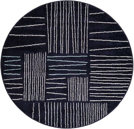 Navy Blue 5' 3 x 5' 3 Hanahan Round Area Rug 100% Polypropylene With Jute Backing Abstract Geometric Modern Carpet for Living, Dining Room, Office Space for Sale at Rug Engine