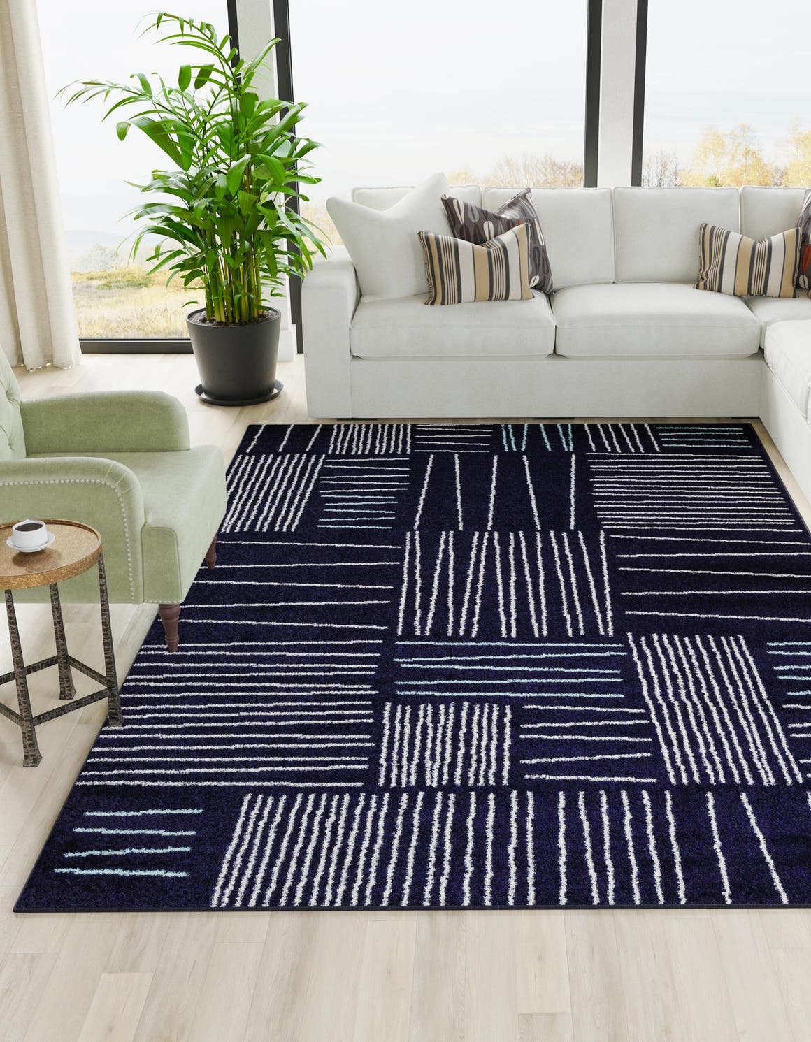 Navy Blue 4' 1 x 6' 1 Hanahan Rectangle Area Rug 100% Polypropylene With Jute Backing Abstract Geometric Modern Carpet for Living, Dining Room, Office Space for Sale at Rug Engine
