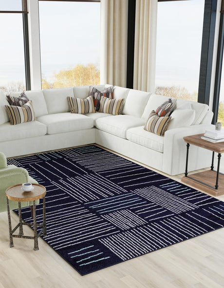 Navy Blue 6' 1 x 9' Hanahan Rectangle Area Rug 100% Polypropylene With Jute Backing Abstract Geometric Modern Carpet for Living, Dining Room, Office Space for Sale at Rug Engine