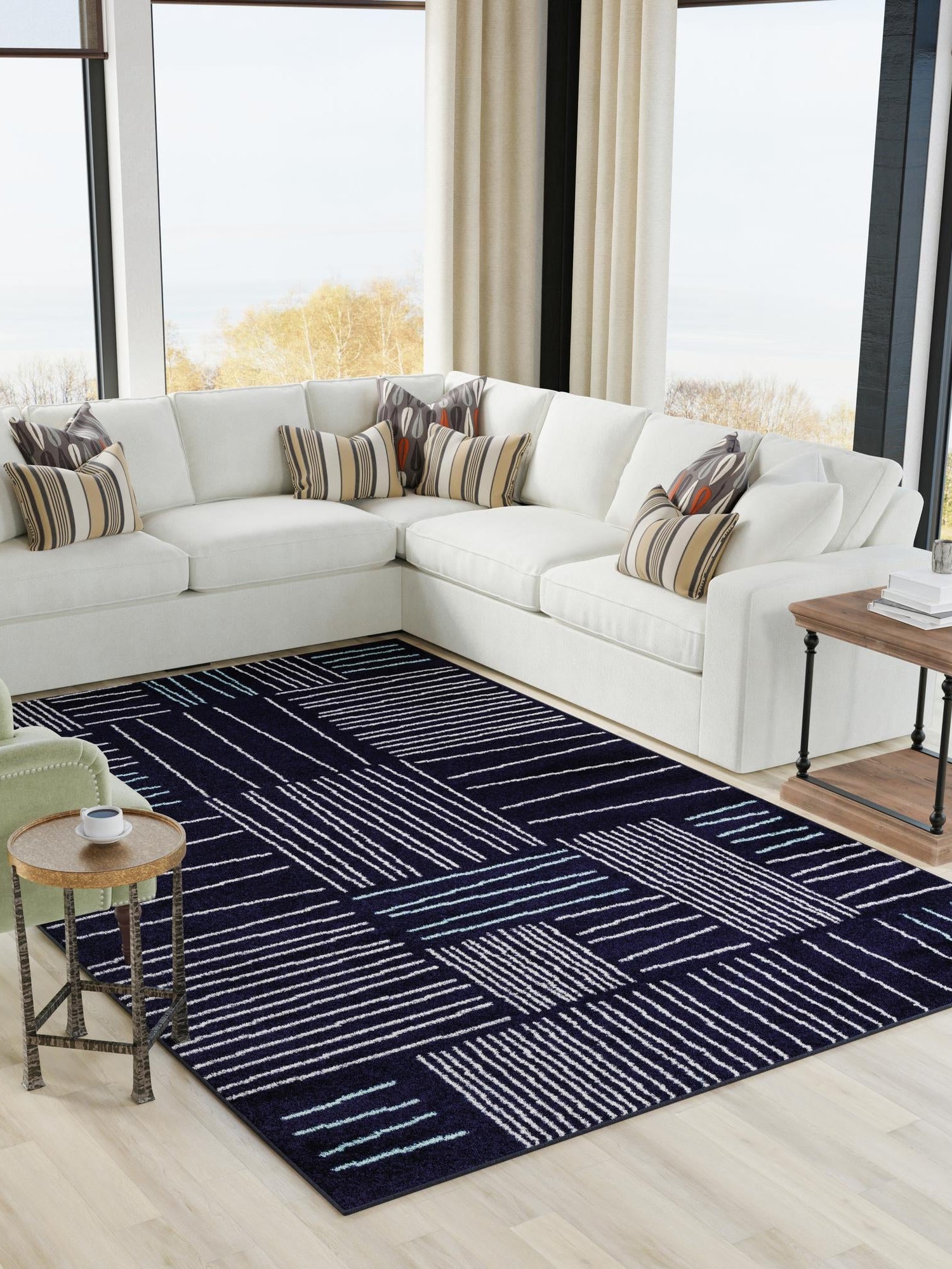 Navy Blue 7' 10 x 10' Hanahan Rectangle Area Rug 100% Polypropylene With Jute Backing Abstract Geometric Modern Carpet for Living, Dining Room, Office Space for Sale at Rug Engine