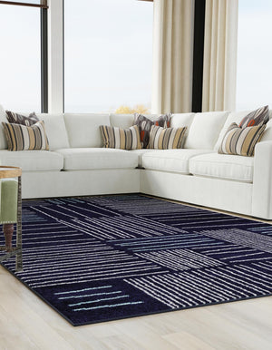 Navy Blue 6' 1 x 9' Hanahan Rectangle Area Rug 100% Polypropylene With Jute Backing Abstract Geometric Modern Carpet for Living, Dining Room, Office Space for Sale at Rug Engine