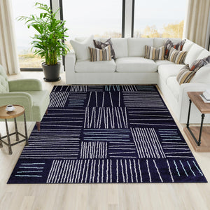 Navy Blue 4' 1 x 6' 1 Hanahan Rectangle Area Rug 100% Polypropylene With Jute Backing Abstract Geometric Modern Carpet for Living, Dining Room, Office Space for Sale at Rug Engine