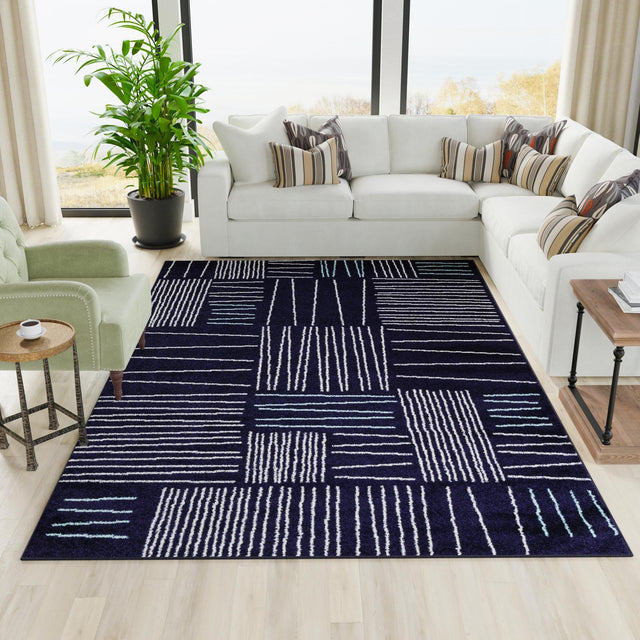 Navy Blue 4' 1 x 6' 1 Hanahan Rectangle Area Rug 100% Polypropylene With Jute Backing Abstract Geometric Modern Carpet for Living, Dining Room, Office Space for Sale at Rug Engine