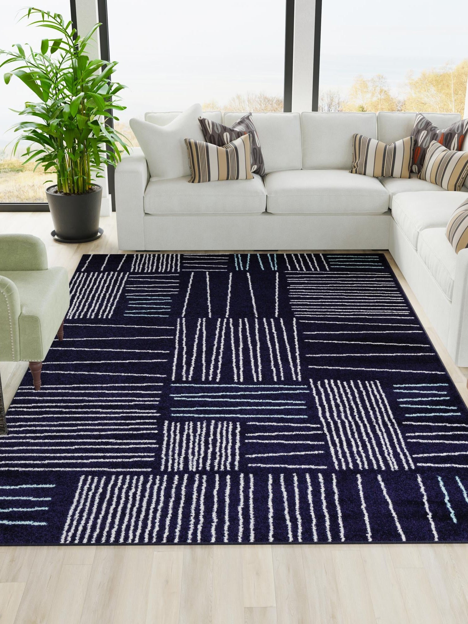 Navy Blue 6' 1 x 9' Hanahan Rectangle Area Rug 100% Polypropylene With Jute Backing Abstract Geometric Modern Carpet for Living, Dining Room, Office Space for Sale at Rug Engine