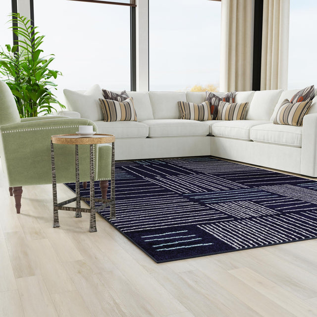 Navy Blue 6' 1 x 9' Hanahan Rectangle Area Rug 100% Polypropylene With Jute Backing Abstract Geometric Modern Carpet for Living, Dining Room, Office Space for Sale at Rug Engine