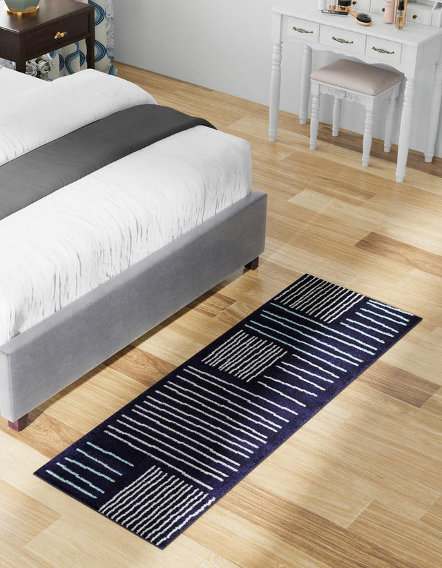 Navy Blue 2' 7 x 12' Hanahan Runner Area Rug 100% Polypropylene With Jute Backing Abstract Geometric Modern Carpet for Living, Dining Room, Office Space for Sale at Rug Engine