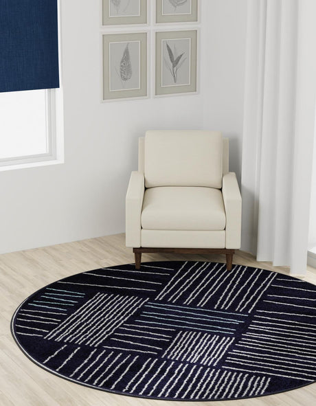 Navy Blue 7' 10 x 7' 10 Hanahan Round Area Rug 100% Polypropylene With Jute Backing Abstract Geometric Modern Carpet for Living, Dining Room, Office Space for Sale at Rug Engine