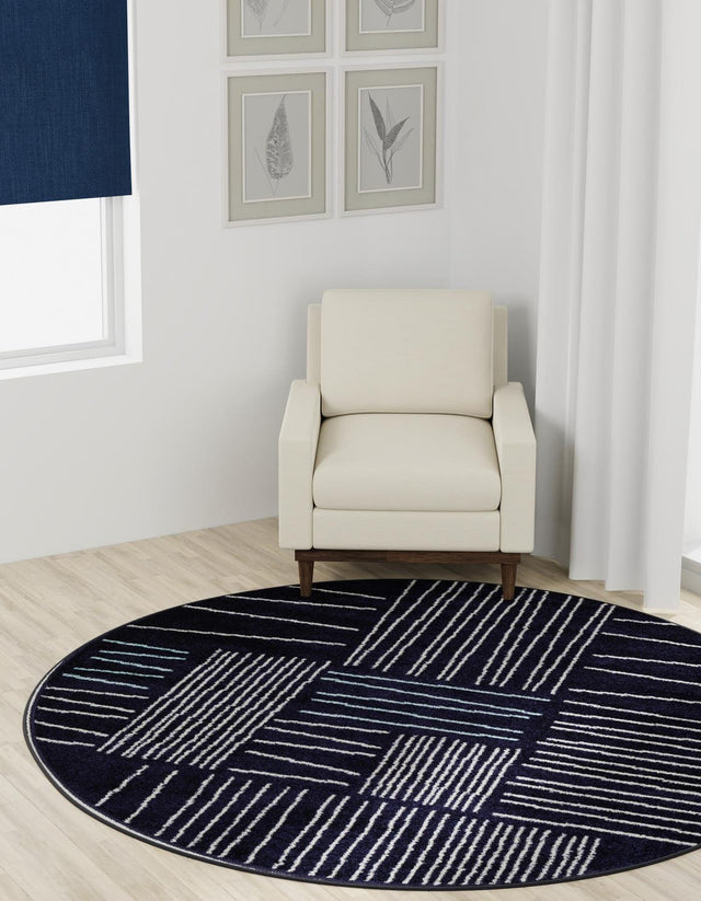 Navy Blue 3' 1 x 3' 1 Hanahan Round Area Rug 100% Polypropylene With Jute Backing Abstract Geometric Modern Carpet for Living, Dining Room, Office Space for Sale at Rug Engine
