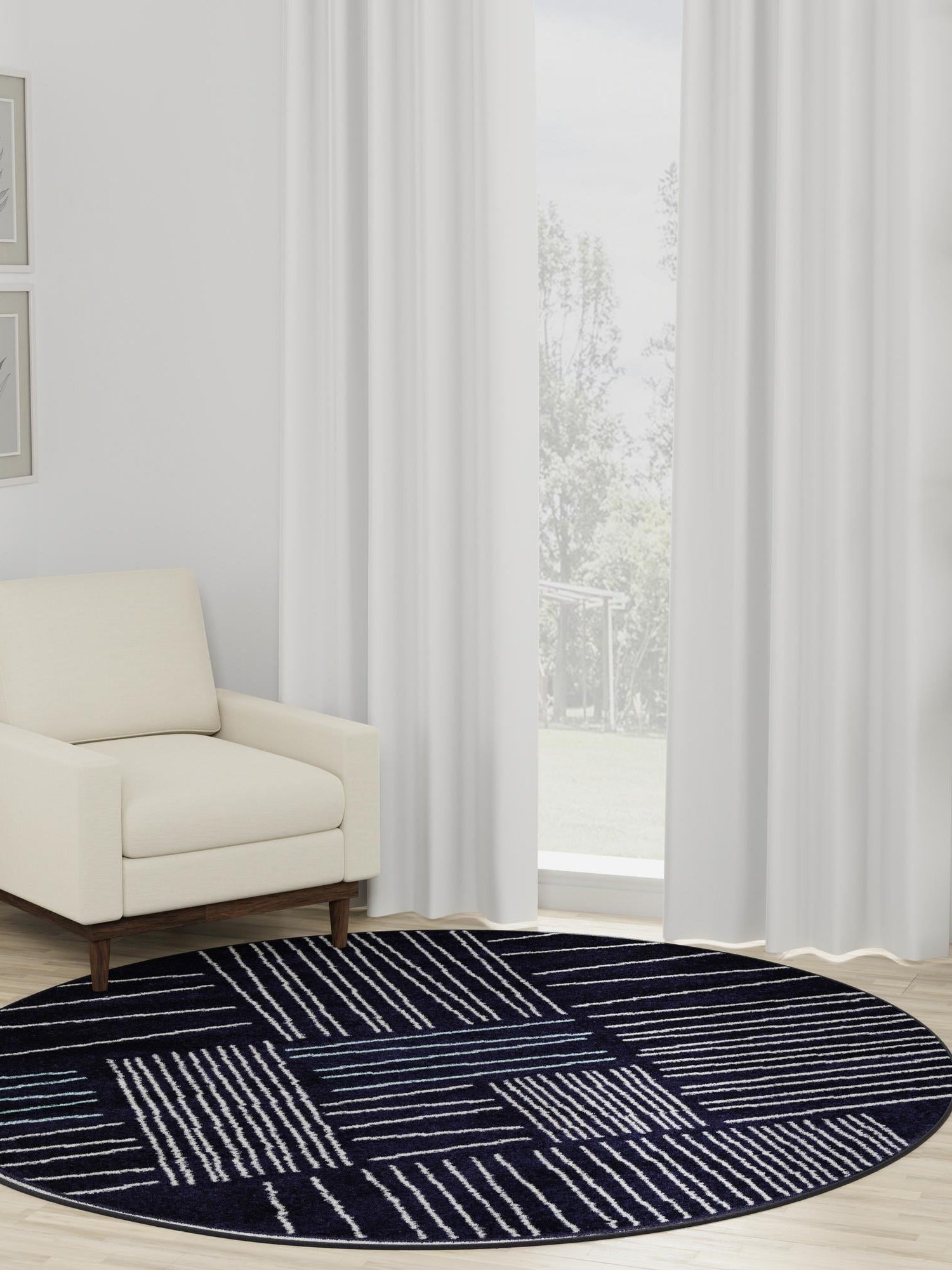 Navy Blue 7' 10 x 7' 10 Hanahan Round Area Rug 100% Polypropylene With Jute Backing Abstract Geometric Modern Carpet for Living, Dining Room, Office Space for Sale at Rug Engine