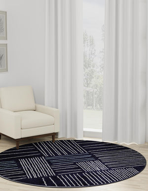 Navy Blue 5' 3 x 5' 3 Hanahan Round Area Rug 100% Polypropylene With Jute Backing Abstract Geometric Modern Carpet for Living, Dining Room, Office Space for Sale at Rug Engine
