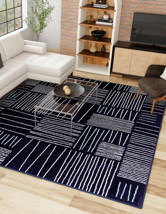 Navy Blue 7' 10 x 7' 10 Hanahan Square Area Rug 100% Polypropylene With Jute Backing Abstract Geometric Modern Carpet for Living, Dining Room, Office Space for Sale at Rug Engine