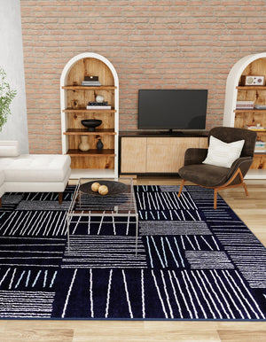 Navy Blue 7' 10 x 7' 10 Hanahan Square Area Rug 100% Polypropylene With Jute Backing Abstract Geometric Modern Carpet for Living, Dining Room, Office Space for Sale at Rug Engine