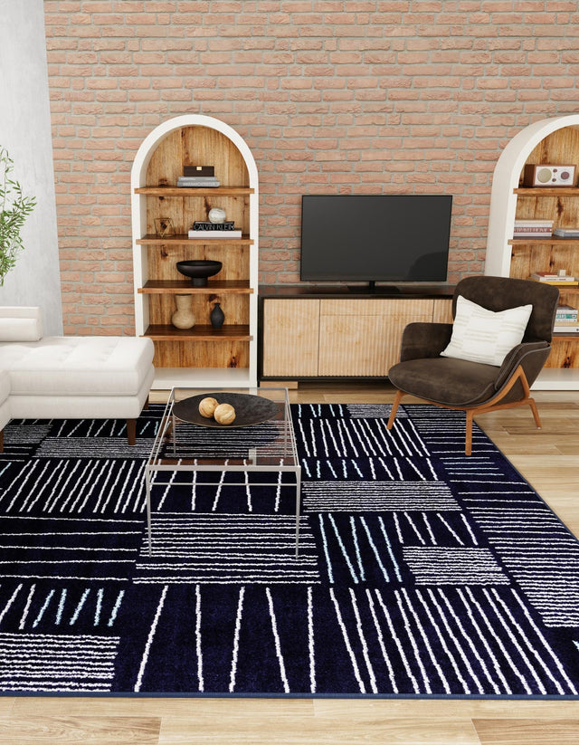 Navy Blue 7' 10 x 7' 10 Hanahan Square Area Rug 100% Polypropylene With Jute Backing Abstract Geometric Modern Carpet for Living, Dining Room, Office Space for Sale at Rug Engine