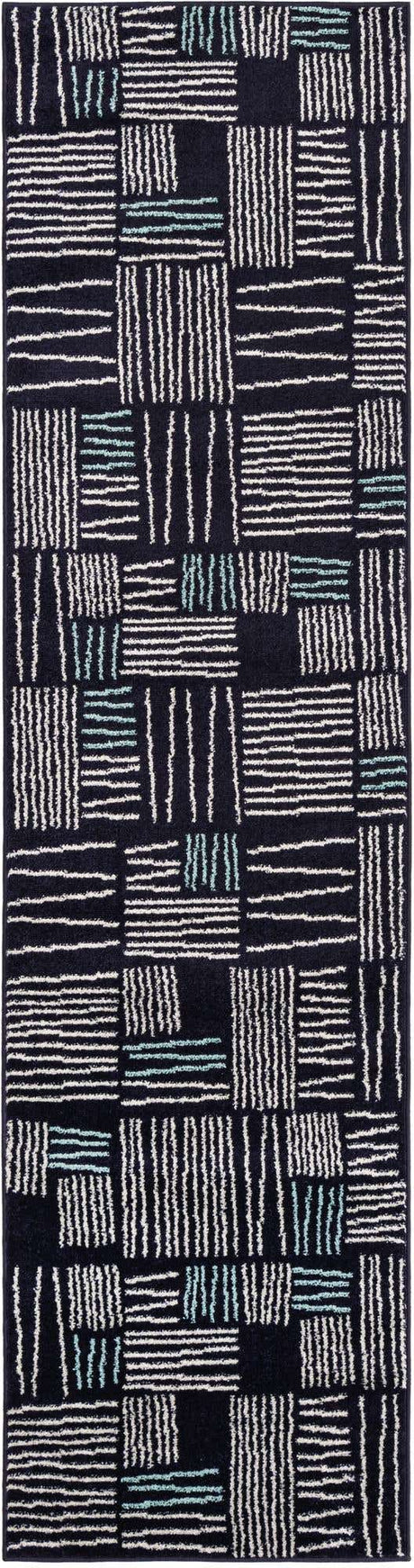 Navy Blue 2' 7 x 10' Hanahan Runner Area Rug 100% Polypropylene With Jute Backing Abstract Geometric Modern Carpet for Living, Dining Room, Office Space for Sale at Rug Engine