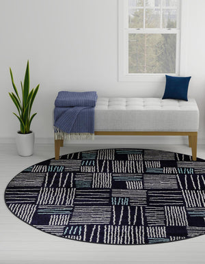 Navy Blue 7' 10 x 7' 10 Hanahan Round Area Rug 100% Polypropylene With Jute Backing Abstract Geometric Modern Carpet for Living, Dining Room, Office Space for Sale at Rug Engine