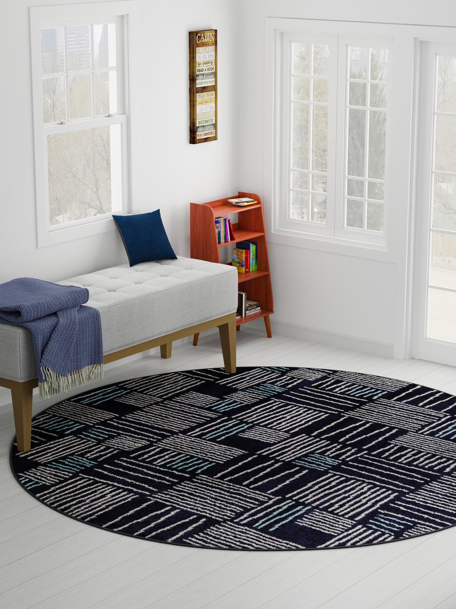 Navy Blue 5' 3 x 5' 3 Hanahan Round Area Rug 100% Polypropylene With Jute Backing Abstract Geometric Modern Carpet for Living, Dining Room, Office Space for Sale at Rug Engine