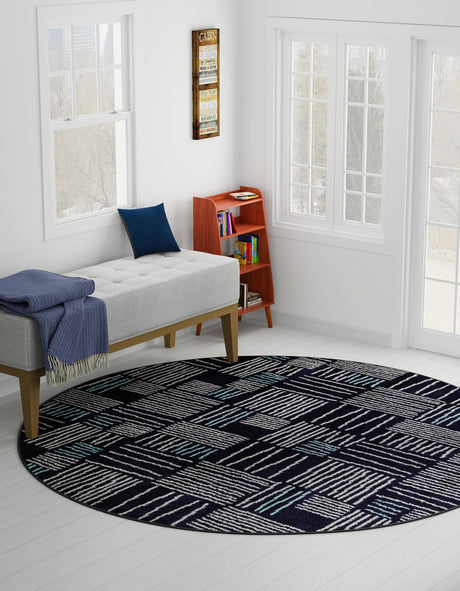 Navy Blue 5' 3 x 5' 3 Hanahan Round Area Rug 100% Polypropylene With Jute Backing Abstract Geometric Modern Carpet for Living, Dining Room, Office Space for Sale at Rug Engine