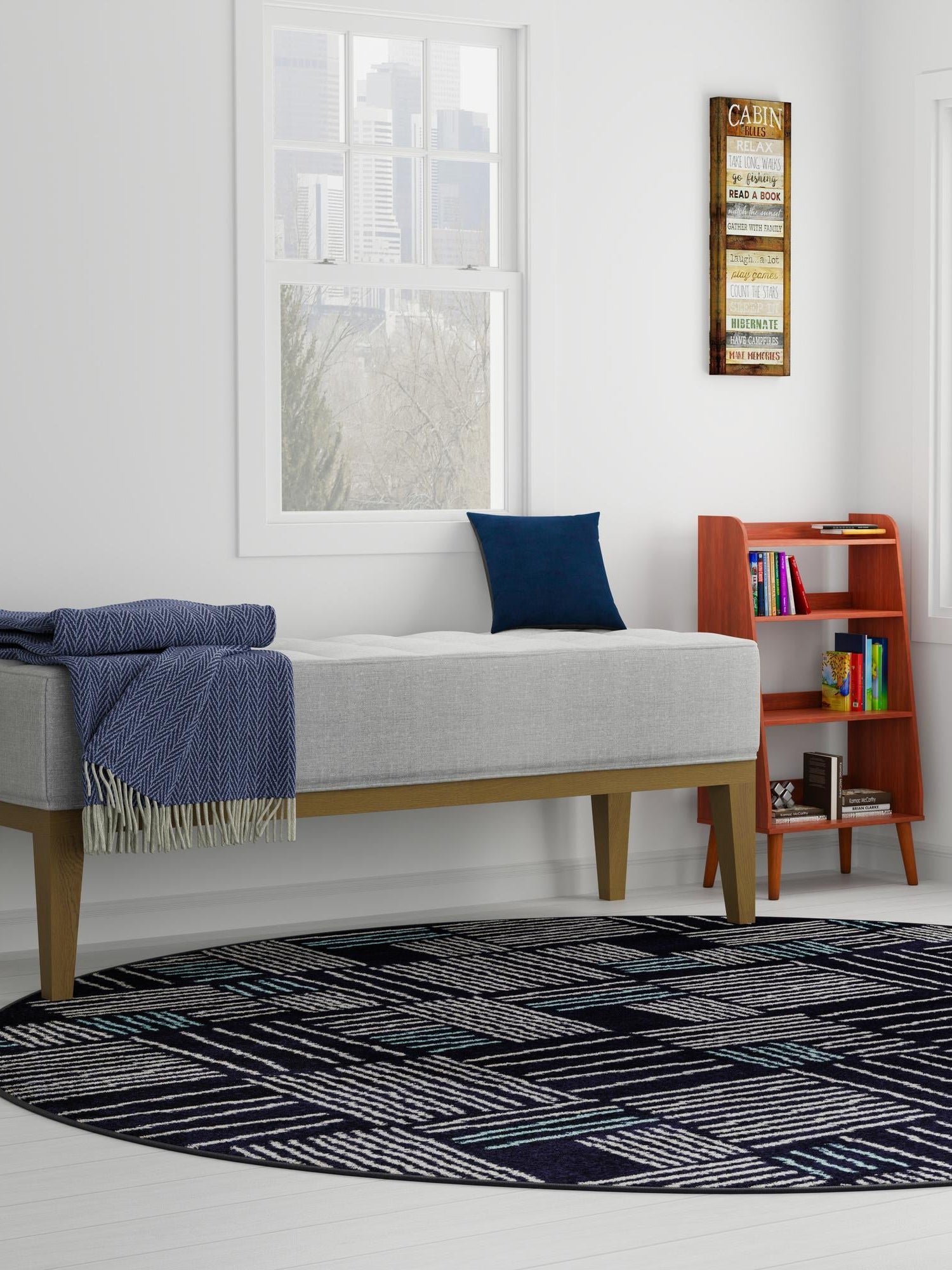 Navy Blue 5' 3 x 5' 3 Hanahan Round Area Rug 100% Polypropylene With Jute Backing Abstract Geometric Modern Carpet for Living, Dining Room, Office Space for Sale at Rug Engine